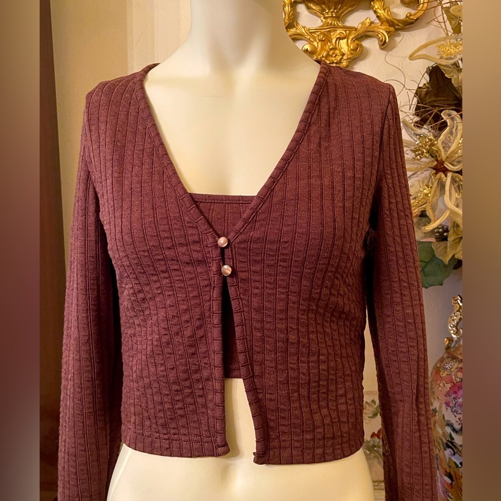 Chocolate Ribbed Knitted 2 Piece cardigan set.